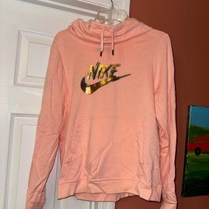 Peach Pink Nike Graphic Logo Hoodie with Gold Metallic Lettering and Swoosh✨